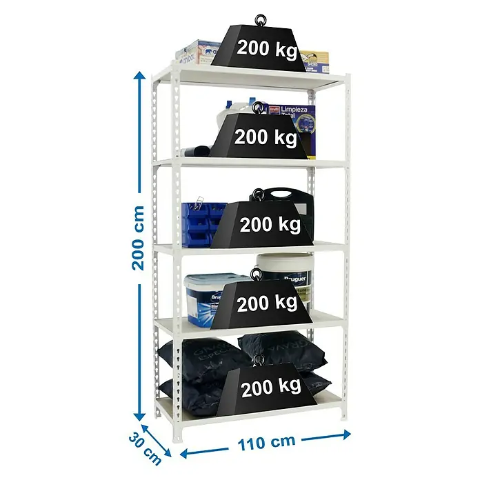 Simonrack Maderclick Metallregal Maderclick SuperPlus - H x B x T: 200 x 110 x 30 cm, Traglast pro Boden: 200 kg, Anzahl Böden: 5 Stk., Stecken, Weiß - Bild eines weißen Metallregals mit fünf Böden, jeweils mit einer 200 kg schweren Last versehen.
