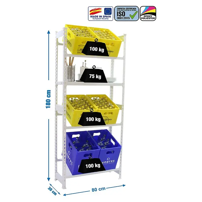 Simonrack Simonbottle Getränkekistenregal Shelf - H x B x T: 180 x 80 x 30 cm, Anzahl Böden: 4 Stk., Traglast Einlegeboden: 100 kg, Stecken, Weiß - Ein Regal mit fünf Fächern, beladen mit Getränkekisten, beschriftet mit Gewichtsangaben und Abmessungen.