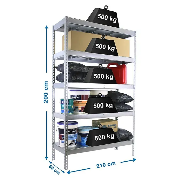 Simonrack Simonforte Schwerlastregal Simonforte Metall - H x B x T: 200 x 210 x 60 cm, Traglast pro Boden: 500 kg, Anzahl Böden: 5 Stk., Stecken, Silber/Silber - Abbildung eines silbernen Metallregals mit fünf Ebenen, beladen mit Farbdosen, Kanistern und Kartons, wobei das maximale Gewicht angegeben ist.
