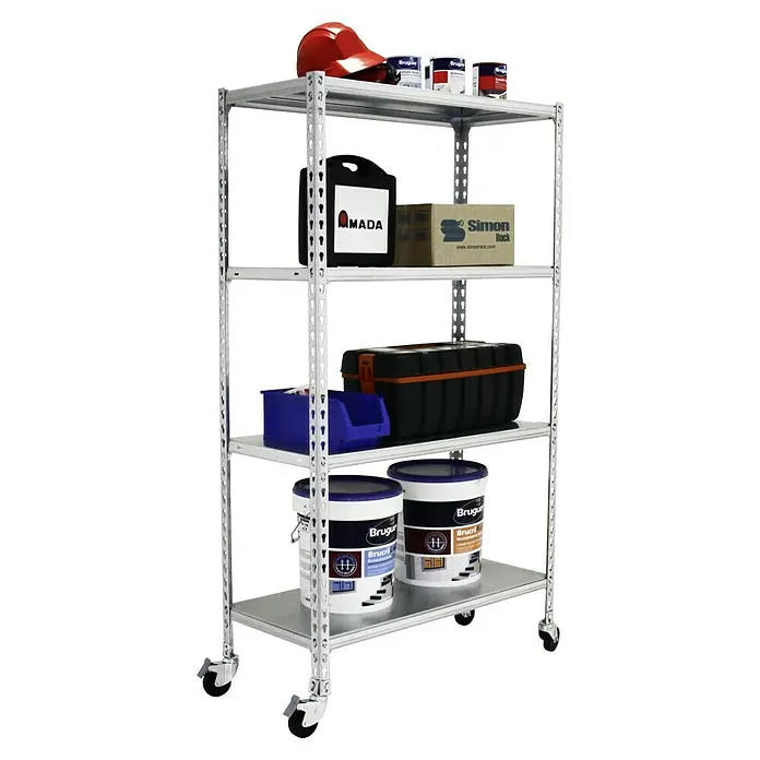 Simonrack Simonclick Estantería metálica Mobile Mini - Al x An x Pr: 150 x 80 x 40 cm, Número de baldas: 4 ud., Inserción, Blanco - Toma de producto de una estantería móvil de cuatro niveles cargada con herramientas y contenedores. El estante es robusto y versátil.