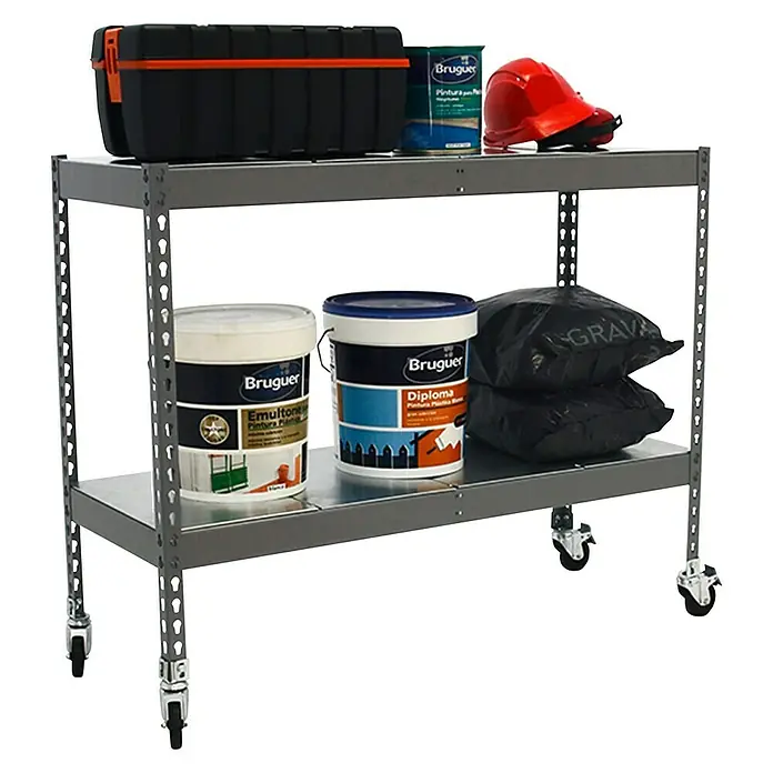 Simonrack Simonforte Estantería metálica Mobile Metal - Al x An x Pr: 97,5 x 150 x 45 cm, Número de baldas: 2 ud., Inserción, Gris, Capacidad de carga por balda: 75 kg - Imagen de una estantería metálica rodante que contiene una caja de herramientas, pintura y materiales de construcción.