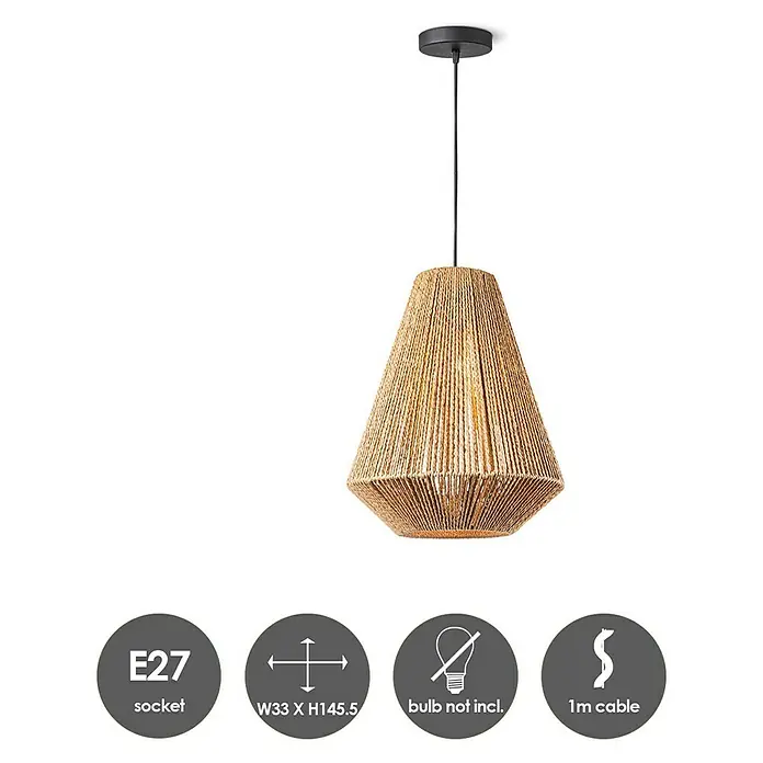 Home Sweet Home Pendelleuchte rund Vela - Ø x H: 33 x 45 cm, Beige, E27 - Hängelampe mit einer konischen Form, umwickelt mit Jutegarn und einer E27 Fassung. Die Lampe hat ein 1m langes Kabel.