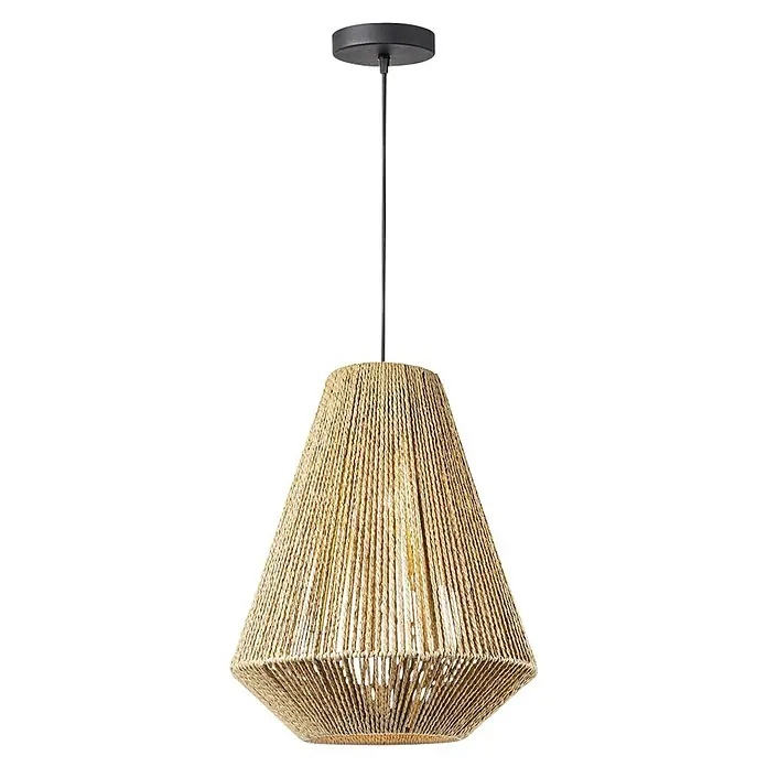 Home Sweet Home Pendelleuchte rund Vela - Ø x H: 33 x 45 cm, Beige, E27 - Eine Hängelampe mit einem Lampenschirm aus Seil hängt an einer Stange von der Decke. Die Lampe sorgt für eine gemütliche Atmosphäre.