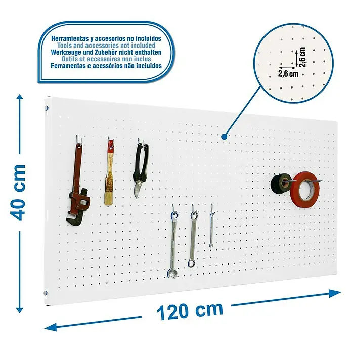 Simonrack Panelclick Panel perforado con 8 ganchos - An x L: 40 x 120 cm, Blanco - Panel portaherramientas de 40x120 cm con agujeros cada 2,6 cm, ideal para la organización del taller.
