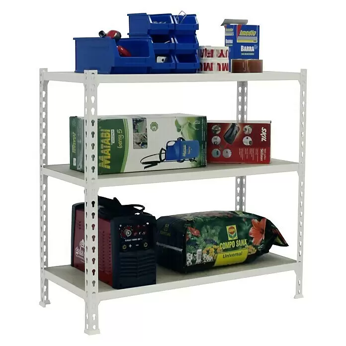 Simonrack Maderclick Metallregal Maderclick SuperPlus - H x B x T: 100 x 110 x 30 cm, Traglast pro Boden: 200 kg, Anzahl Böden: 3 Stk., Stecken, Weiß - Anwendungsbeispiel