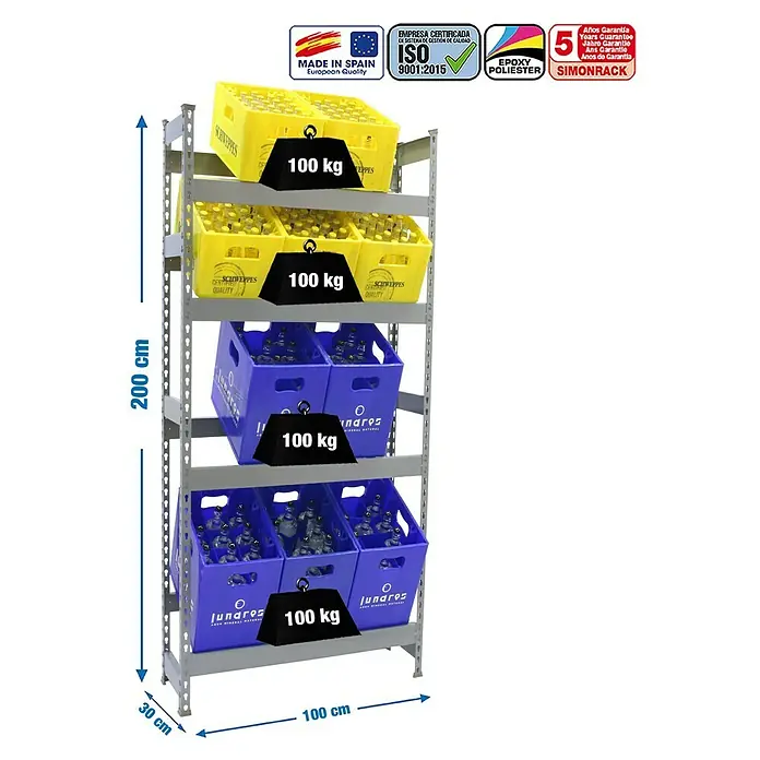 Simonrack Simonbottle Getränkekistenregal Bottleclick - H x B x T: 200 x 100 x 30 cm, Traglast Einlegeboden: 100 kg, Anzahl Böden: 4 Stk., Stecken, Grau - Regalsystem mit vier Ebenen, beladen mit Getränkekisten, mit einer Kapazität von 100 kg pro Ebene für schwere Lasten.