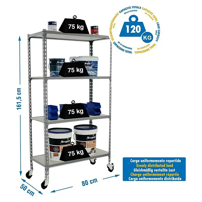 Simonrack Maderclick Estantería metálica Mobile Mini - Al x An x Pr: 157,5 x 80 x 50 cm, Número de baldas: 4 ud., Inserción, Gris - Estantería de cuatro niveles, capacidad 120 kg, 75 kg por nivel. Ideal para almacenamiento y talleres. Incluye ruedas para fácil movilidad.