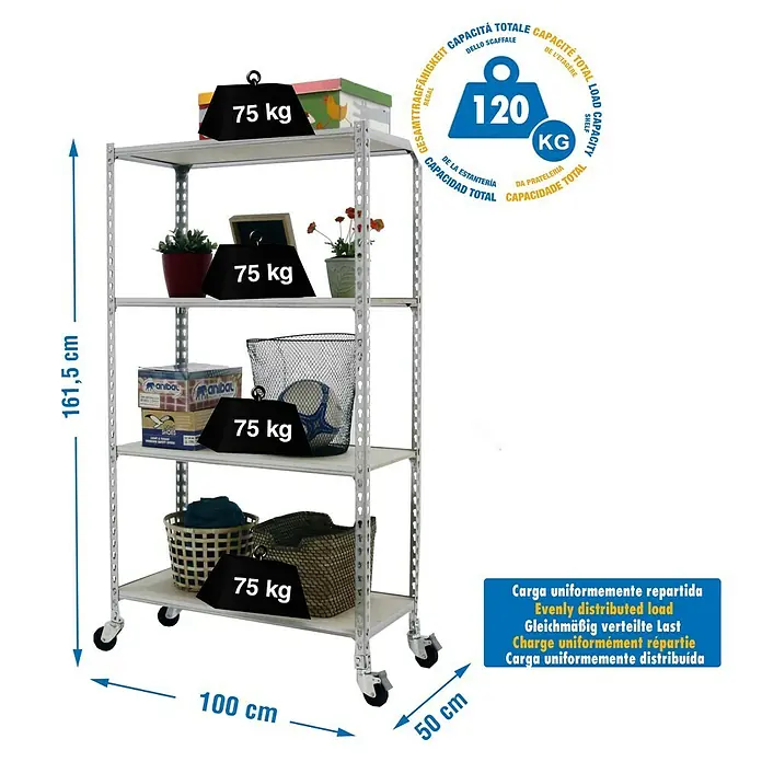 Simonrack Maderclick Estantería metálica Mobile Plus - Al x An x Pr: 157,5 x 100 x 50 cm, Número de baldas: 4 ud., Inserción, Galvanizado - Imagen del producto de una estantería resistente con cuatro niveles, cargada con pesas y varios artículos.