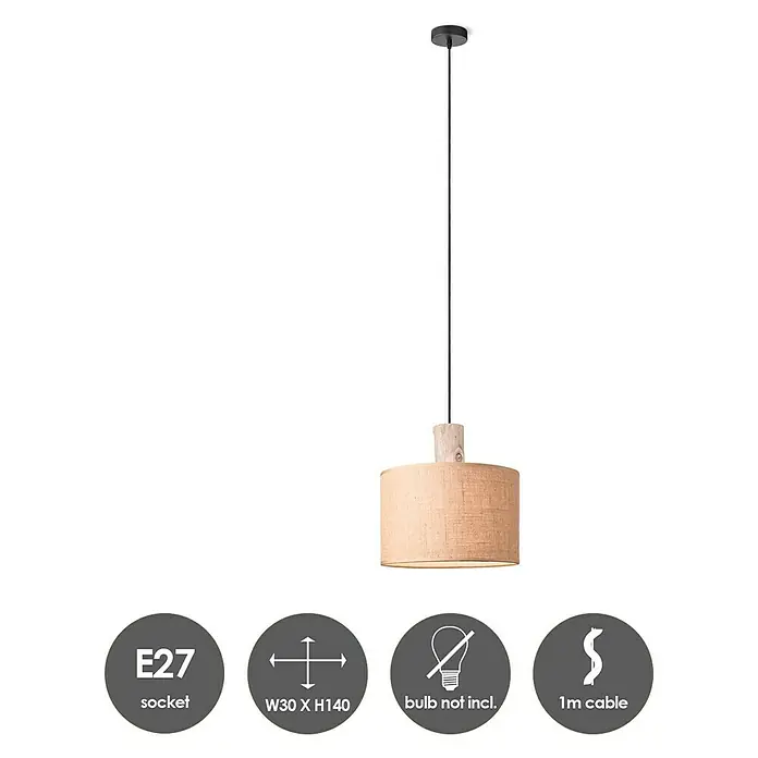 Home Sweet Home Pendelleuchte rund - Ø x H: 30 x 40 cm, Beige, Holz, Beige, E27 - Bilder einer Hängelampe mit einem E27 Sockel, die eine Höhe von 140 mm und eine Breite von 30 mm hat und ein 1m Kabel besitzt.