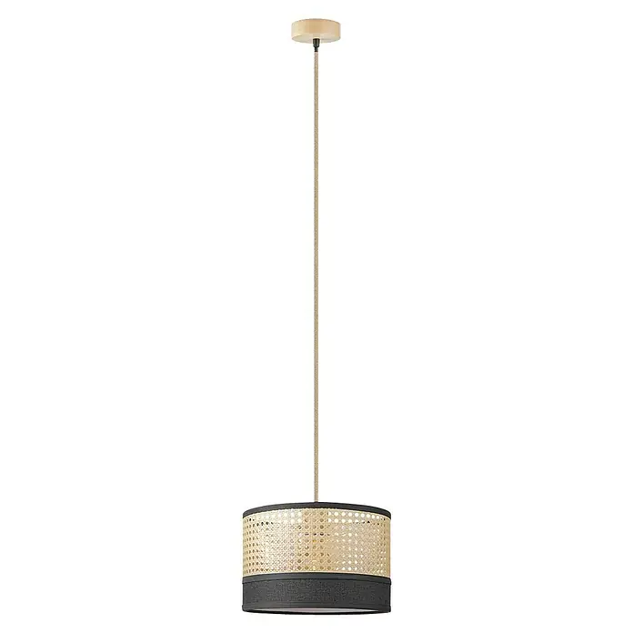 Home Sweet Home Pendelleuchte rund Cane Weave - Ø x H: 30 x 27 cm, Beige/Schwarz, Holz, Schwarz, E27 - Elegante Hängeleuchte mit einem Schirm aus Rattan und Stoff, die eine warme und einladende Atmosphäre schafft.