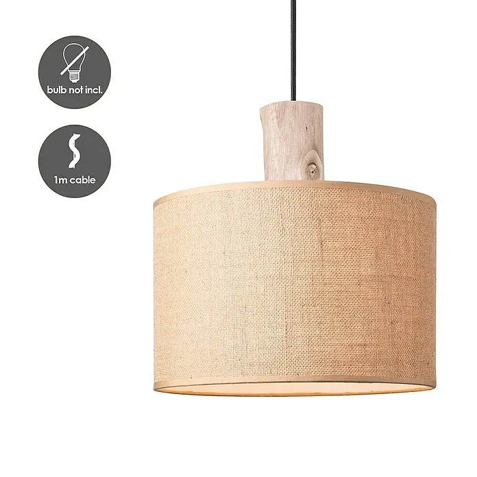 Home Sweet Home Pendelleuchte rund - Ø x H: 30 x 40 cm, Beige, Holz, Beige, E27 - Hängeleuchte mit einem Schirm aus Jute, befestigt an einem hellen Holzstück und einem schwarzen Kabel.