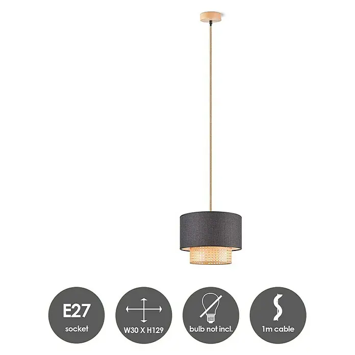 Home Sweet Home Pendelleuchte rund Cane Weave - Ø x H: 30 x 29 cm, Beige/Schwarz, Holz, Schwarz, E27 - Elegante Pendelleuchte mit grauem Lampenschirm und dekorativem Muster. Die Leuchte benötigt eine E27-Fassung und hat ein 1m langes Kabel.