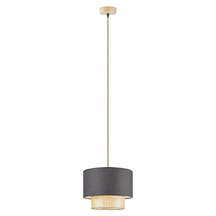 Home Sweet Home Pendelleuchte rund Cane Weave - Ø x H: 30 x 29 cm, Beige/Schwarz, Holz, Schwarz, E27 - Elegante Hängeleuchte mit grauem Stoffschirm und unterem Teil aus Rattan, ideal für stilvolle Innenräume.