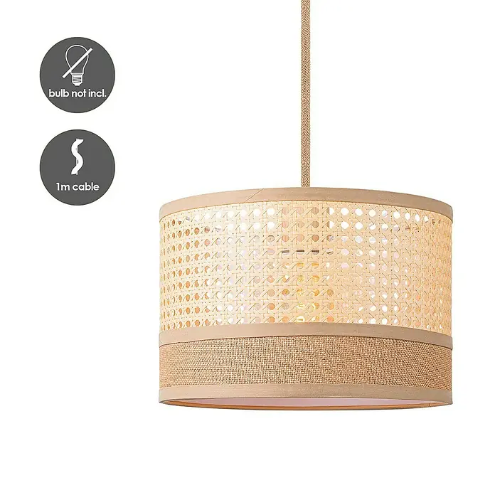 Home Sweet Home Pendelleuchte rund Cane Weave - Ø x H: 30 x 27 cm, Beige, Holz, Beige, E27 - Hängelampe mit geflochtenem Lampenschirm und naturfarbenem Textilkabel. Leuchtmittel nicht enthalten, 1m Kabel.