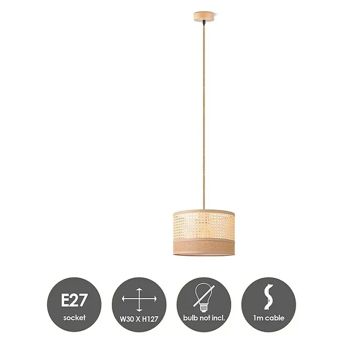 Home Sweet Home Pendelleuchte rund Cane Weave - Ø x H: 30 x 27 cm, Beige, Holz, Beige, E27 - Nahaufnahme einer runden Pendelleuchte mit Rattan-Schirm und einem Meter Kabel.