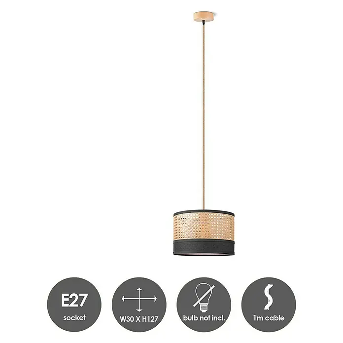 Home Sweet Home Pendelleuchte rund Cane Weave - Ø x H: 30 x 27 cm, Beige/Schwarz, Holz, Schwarz, E27 - Pendelleuchte mit Rattanschirm und schwarzem Akzent. Stilvolle Beleuchtung für jeden Raum.