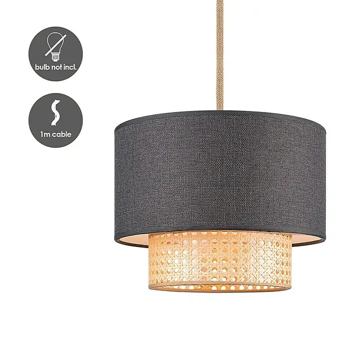 Home Sweet Home Pendelleuchte rund Cane Weave - Ø x H: 30 x 29 cm, Beige/Schwarz, Holz, Schwarz, E27 - Elegante zweistufige Hängeleuchte mit grauem Stoffschirm und Rattan-Element, ideal für stimmungsvolle Beleuchtung im Raum.