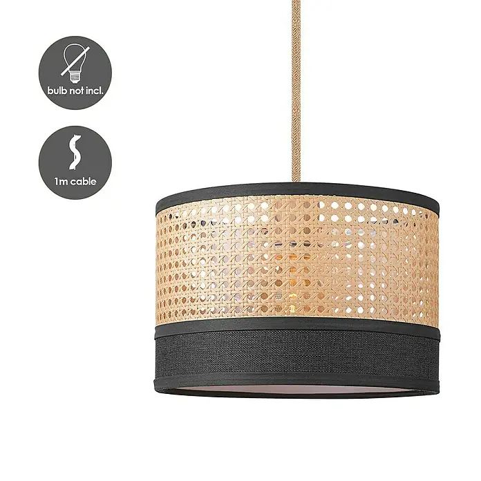 Home Sweet Home Pendelleuchte rund Cane Weave - Ø x H: 30 x 27 cm, Beige/Schwarz, Holz, Schwarz, E27 - Attraktive Hängeleuchte mit Rattangeflecht und schwarzem Textilrand für eine stilvolle Beleuchtung.