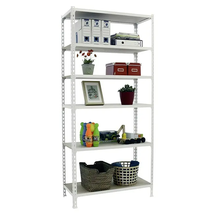 Simonrack Maderclick Metallregal Maderclick SuperPlus - H x B x T: 250 x 110 x 30 cm, Traglast pro Boden: 200 kg, Anzahl Böden: 6 Stk., Stecken, Weiß - Ein weißes Metallregal mit sechs Regalböden, auf denen verschiedene Gegenstände wie Ordner, Pflanzen und Spielzeug ausgestellt sind.
