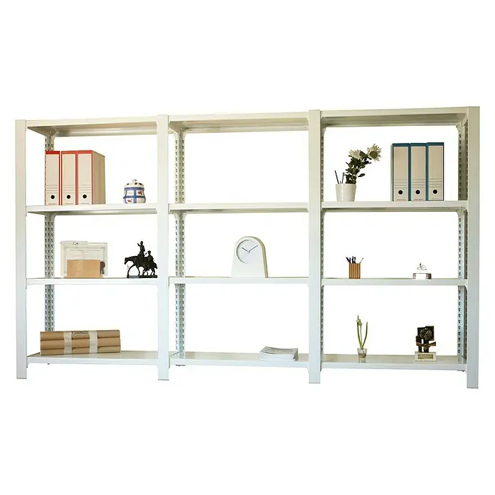 Simonrack Officlick Set de estanterías Metal - L x An x Al: 30 x 90 x 150 cm, 3 pzs., Blanco/Blanco - Una estantería metálica blanca con tres secciones, que muestra artículos como carpetas, un reloj y plantas.