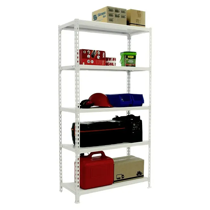 Simonrack Simonclick Metallregal Simonclick Mini - H x B x T: 180 x 80 x 40 cm, Traglast pro Boden: 180 kg, Anzahl Böden: 5 Stk., Stecken, Weiß/Weiß - Ein weißes Metallregal mit fünf Ablagen, auf denen verschiedene Gegenstände wie Kisten und Werkzeug aufbewahrt werden.