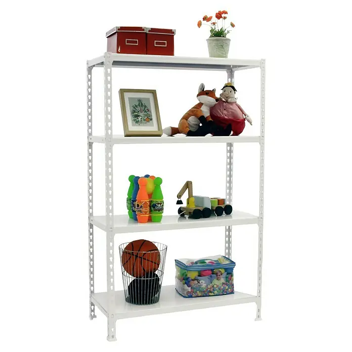 Simonrack Simonclick Metallregal Simonclick Plus - H x B x T: 150 x 90 x 30 cm, Traglast pro Boden: 180 kg, Anzahl Böden: 4 Stk., Stecken, Weiß/Weiß - Ein weißes Regal mit vier Ablagen, auf denen verschiedene Gegenstände wie Spielzeug, Körbe und Dekorationsartikel stehen.