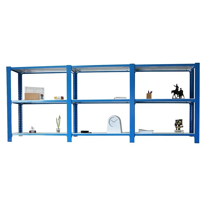 Simonrack Maderclick Estantería metálica Mobile Superplus - Al x An x Pr: 97,5 x 110 x 30 cm, Número de baldas: 3 ud., Inserción, Blanco - La imagen muestra una estantería metálica azul con tres niveles llenos de objetos como un reloj y documentos.