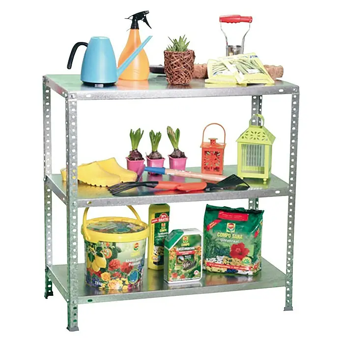 Simonrack Simonclassic Metallregal Comfort Mini - H x B x T: 100 x 80 x 30 cm, Traglast pro Boden: 100 kg, Anzahl Böden: 3 Stk., Schrauben, Silber - Gartentisch mit Gartengeräten, darunter Gießkannen, Sprühflaschen, Pflanzen, Blumenzwiebeln, Gartenhandschuhe, Dünger und Pflanzgefäße.