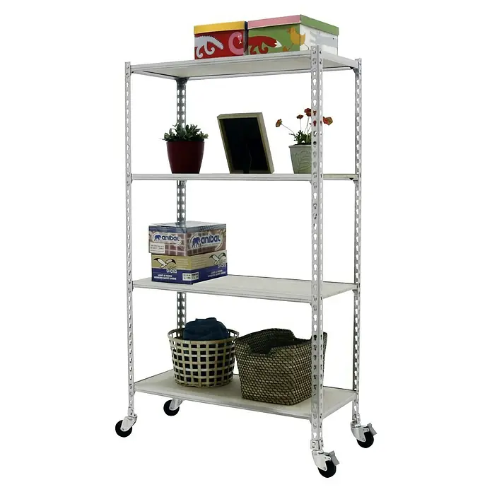 Simonrack Maderclick Estantería metálica Mobile Superplus - Al x An x Pr: 157,5 x 110 x 50 cm, Número de baldas: 4 ud., Inserción, Galvanizado - Toma de una estantería metálica de cuatro niveles con varios objetos, que combina funcionalidad y organización.