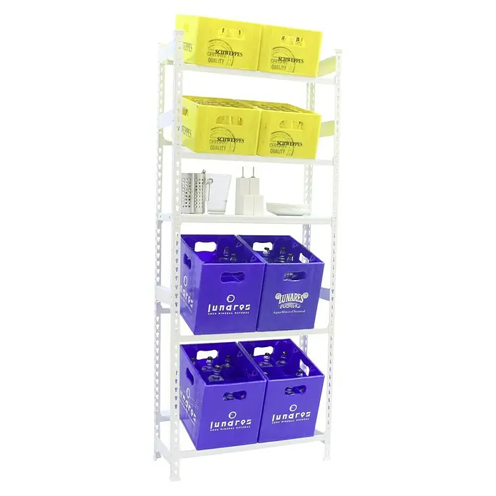 Simonrack Simonbottle Estantería para cajas de bebidas Shelf - Al x An x Pr: 200 x 80 x 30 cm, Blanco - Estanterías con cajas de Schweppes y agua mineral Lunares, utensilios de cocina y platos.