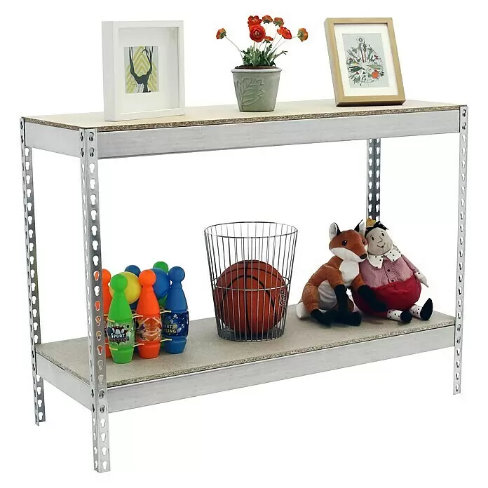 Simonrack Simonforte Schwerlastregal Simonforte Chipboard - H x B x T: 90 x 120 x 75 cm, Traglast pro Boden: 600 kg, Anzahl Böden: 2 Stk., Stecken, Silber - Zwei-etagiges silbernes Metallregal mit hellen Holzablagen, zur Aufbewahrung von Gegenständen.