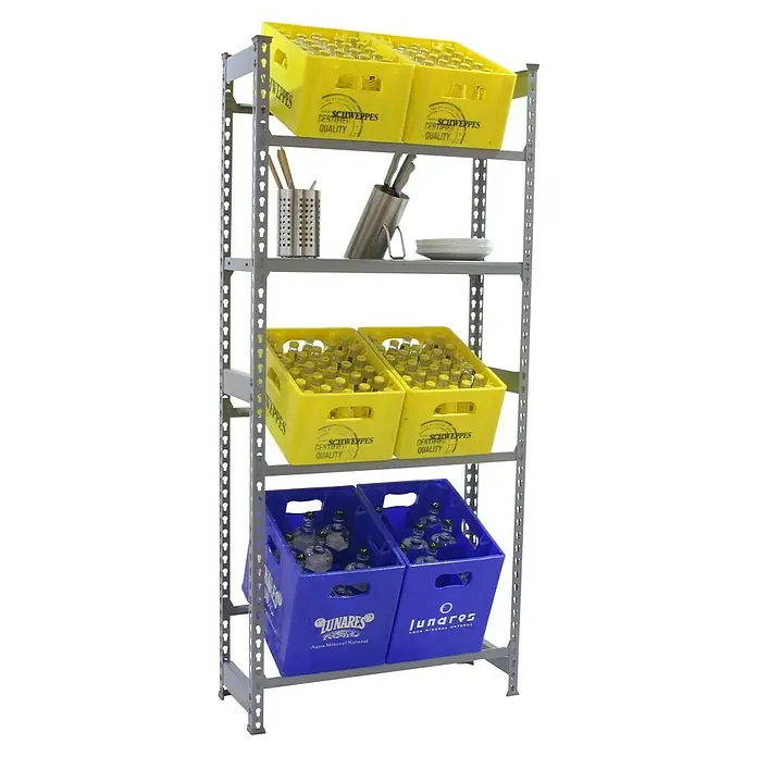 Simonrack Simonbottle Getränkekistenregal Shelf - H x B x T: 180 x 80 x 30 cm, Anzahl Böden: 4 Stk., Traglast Einlegeboden: 100 kg, Stecken, Grau - Warenregal mit Schweppes- und Lunares-Getränkekisten und Küchenutensilien auf den Regalen.