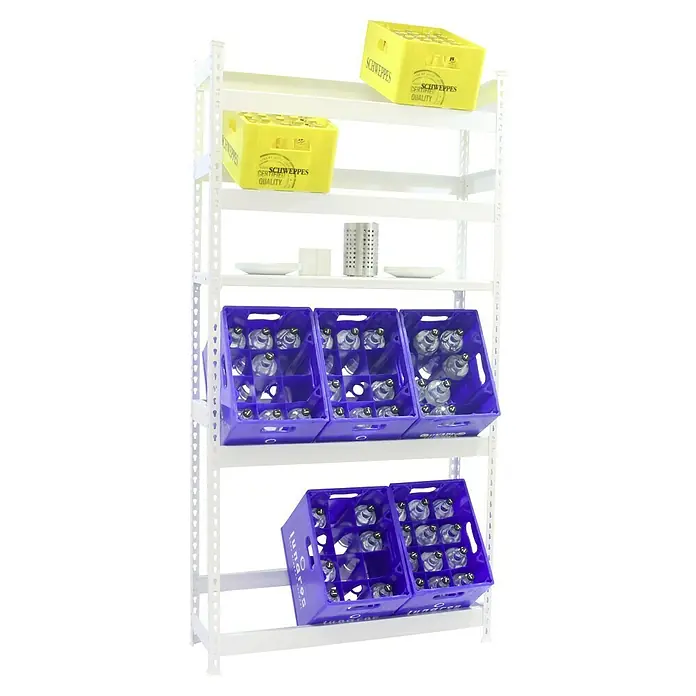 Simonrack Simonbottle Estantería para cajas de bebidas Shelf - Al x An x Pr: 200 x 100 x 30 cm, Blanco - Estantería con cajas amarillas Schweppes, vajilla y cajas de bebidas azules. Solución de almacenamiento práctica.
