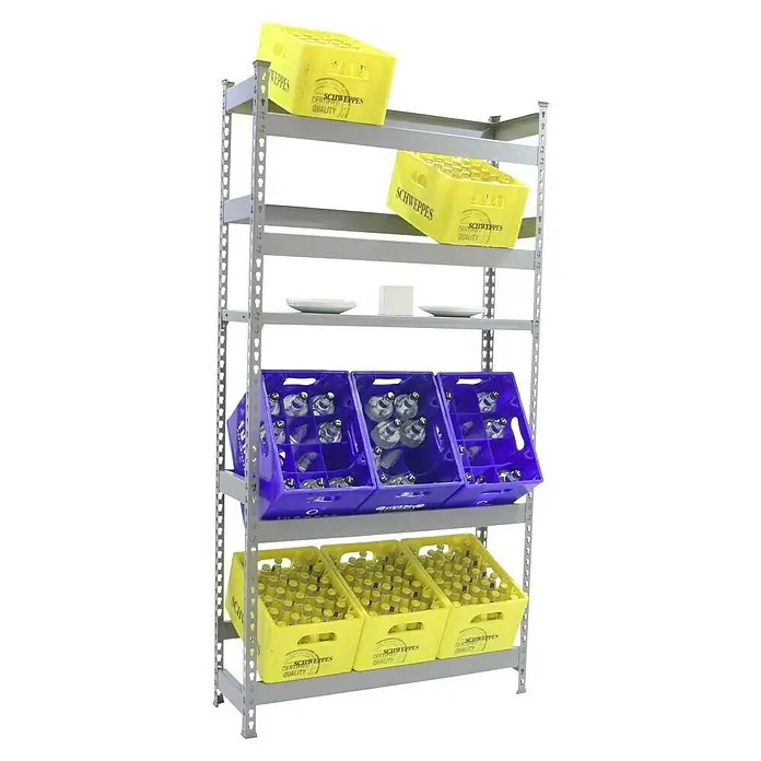 Simonrack Simonbottle Estantería para cajas de bebidas Shelf - Al x An x Pr: 200 x 100 x 30 cm, Gris - Estantería con cajas amarillas de Schweppes en la parte inferior, cajas azules con botellas en el centro y platos y otra caja de Schweppes en la parte superior.