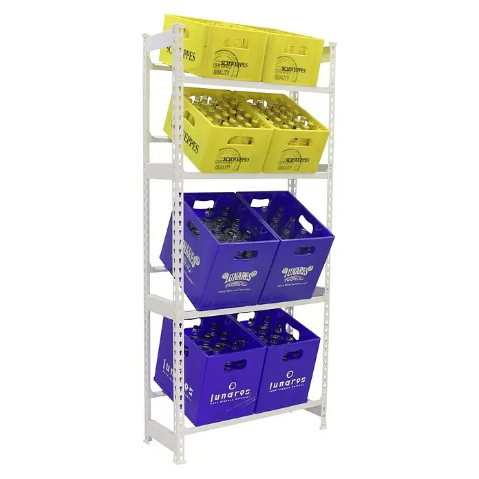 Simonrack Simonbottle Getränkekistenregal Bottleclick - H x B x T: 200 x 80 x 30 cm, Traglast Einlegeboden: 100 kg, Anzahl Böden: 4 Stk., Stecken, Weiß - Ein Regal mit Getränkekisten, darunter Schweppes und Lunares Mineralwasser, gestapelt in gelben und blauen Behältern.