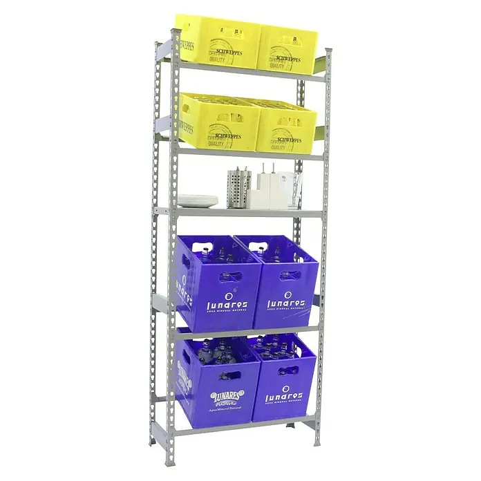 Simonrack Simonbottle Estantería para cajas de bebidas Shelf - Al x An x Pr: 200 x 80 x 30 cm, Gris - Estantería con cajas amarillas de Schweppes, botellas de agua azules Lunares y vajilla variada, ordenada.