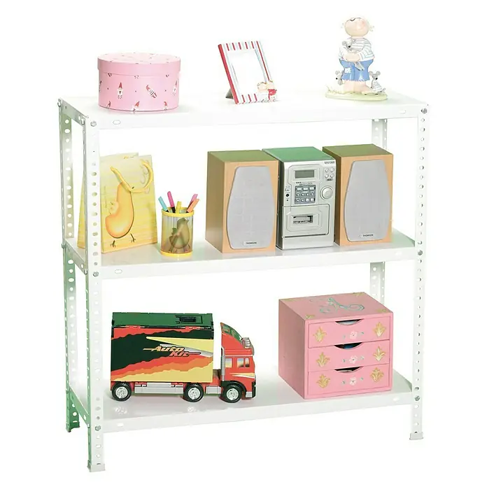 Simonrack Simonclassic Metallregal Advantage - H x B x T: 90 x 90 x 50 cm, Traglast pro Boden: 75 kg, Anzahl Böden: 3 Stk., Schrauben, Weiß - Ein weißes Regal mit verschiedenen Gegenständen, darunter eine Spielzeug-LKW, Lautsprecher und dekorative Boxen.
