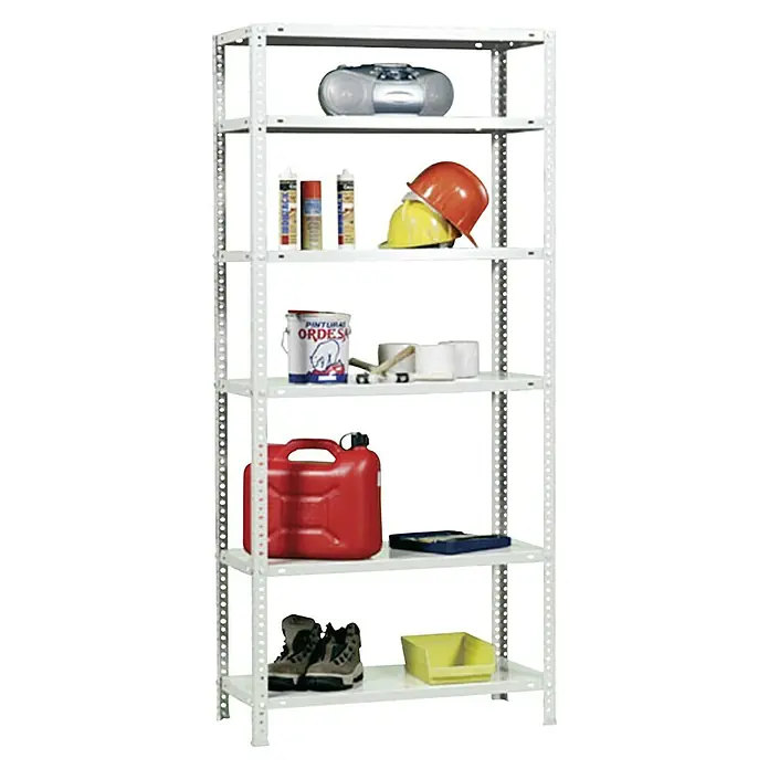 Simonrack Simonclassic Metallregal Comfort Plus - H x B x T: 200 x 100 x 50 cm, Traglast pro Boden: 100 kg, Anzahl Böden: 6 Stk., Schrauben, Weiß - Ein weißes Regal mit sechs Fächern, auf denen verschiedene Gegenstände wie Radio, Farbeimer und Werkzeug lagern.