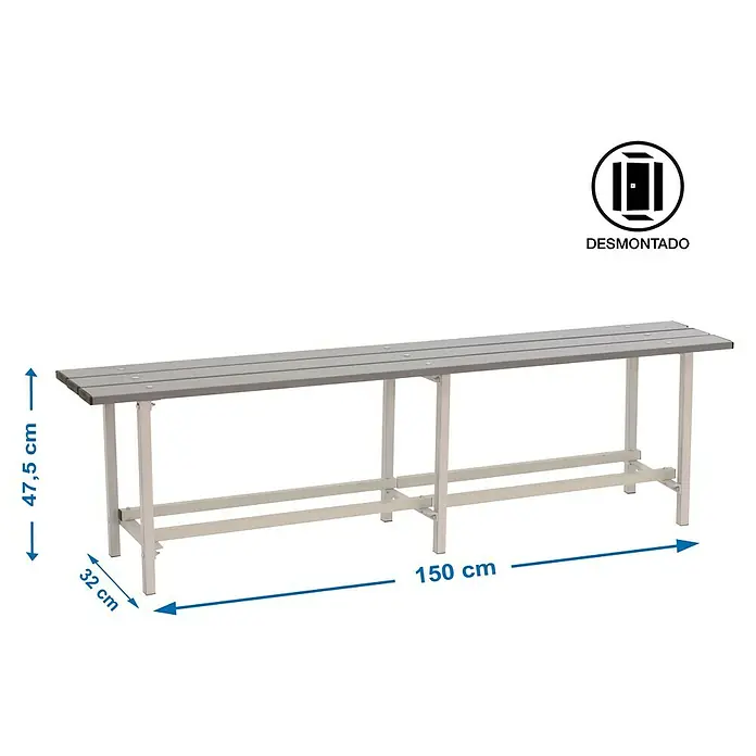 Simonrack Banco de vestuario Metal Desmontado - L x An x Al: 32 x 150 x 47,5 cm, Gris - Un banco de vestuario largo y gris con patas plateadas que mide 150 x 32 x 47,5 cm.