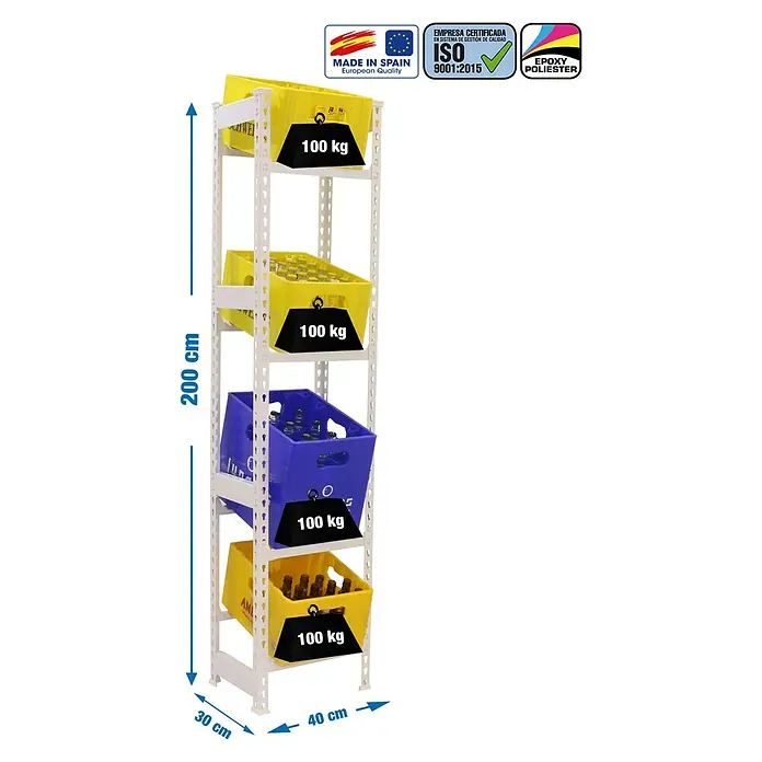 Simonrack Simonbottle Getränkekistenregal Bottleclick - H x B x T: 200 x 40 x 30 cm, Traglast Einlegeboden: 100 kg, Anzahl Böden: 4 Stk., Stecken, Weiß - Aufnahme eines weißen Regals mit vier Fächern, gefüllt mit bunten Kisten, und Maßangaben für Höhe und Breite.