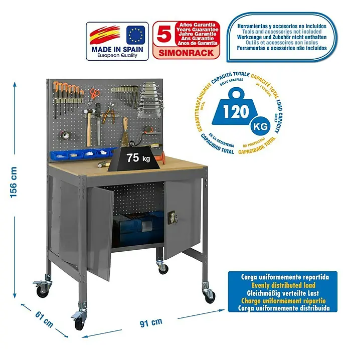 Simonrack Simonwork Banco de trabajo BT2 Locker Mobile - L x An: 61 x 91 cm, Altura de trabajo: 156 cm, Carga soportada: 120 kg, Gris - Banco de trabajo SIMONRACK, robusto y espacioso, ideal para talleres. Incluye panel portaherramientas, cajones y ruedas para movilidad.