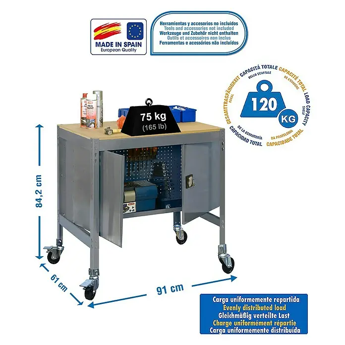 Simonrack Simonwork Banco de trabajo BT0 Locker Mobile - L x An: 61 x 91 cm, Altura de trabajo: 91,7 cm, Carga soportada: 120 kg, Gris - Imagen de una mesa de taller con cajones y rodillos, se indican dimensiones y límites de carga.