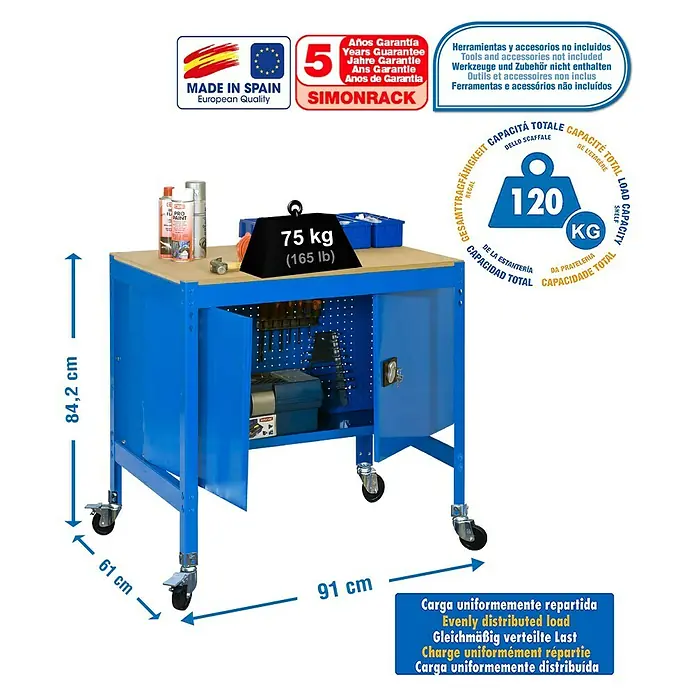 Simonrack Simonwork Banco de trabajo BT0 Locker Mobile - L x An: 61 x 91 cm, Altura de trabajo: 91,7 cm, Carga soportada: 120 kg, Azul - Imagen de una mesa de taller azul de Simonrack con cajones y almacenamiento de herramientas, capaz de soportar hasta 120 kg.