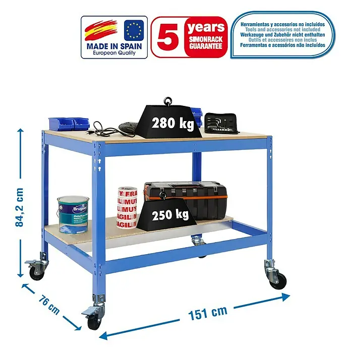 Simonrack Simonwork Banco de trabajo BT0 Mobile - L x An: 76 x 151 cm, Altura de trabajo: 91,7 cm, Carga soportada: 120 kg, Azul - Imagen de un banco de trabajo azul Simonrack con ruedas, capaz de soportar 280 kg en la mesa y 250 kg en la estantería.