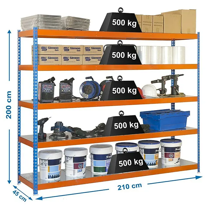 Simonrack Simonforte Schwerlastregal Simonforte Metall - H x B x T: 200 x 210 x 45 cm, Traglast pro Boden: 500 kg, Anzahl Böden: 5 Stk., Stecken, Blau/Orange/Silber - Ansicht eines Lagerregals mit fünf Ebenen, das mit Werkzeugen, Behältern und Farben beladen und mit Gewichtsangaben versehen ist.