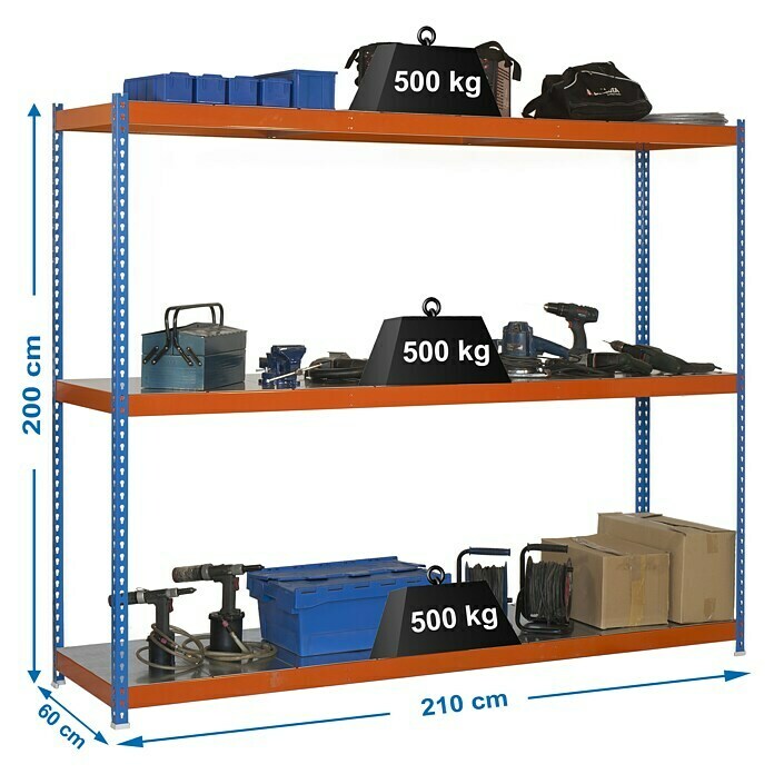 Simonrack Simontaller Schwerlastregal Simonforte Metall (H x B x T: 200 x 210 x 60 cm, Traglast pro Boden: 600 kg, Anzahl Böden: 3 Stk., Stecken, Blau/Orange/Silber) | BAUHAUS