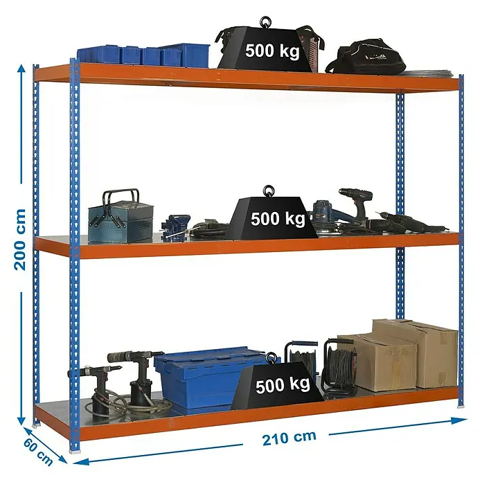 Simonrack Simonforte Schwerlastregal Simonforte Metall - H x B x T: 200 x 210 x 60 cm, Traglast pro Boden: 600 kg, Anzahl Böden: 3 Stk., Stecken, Blau/Orange/Silber - Ein dreistufiges Regal mit blauen Ständern und orangefarbenen Regalböden, das mit Werkzeugen und Gewichten von 500 kg beladen ist.