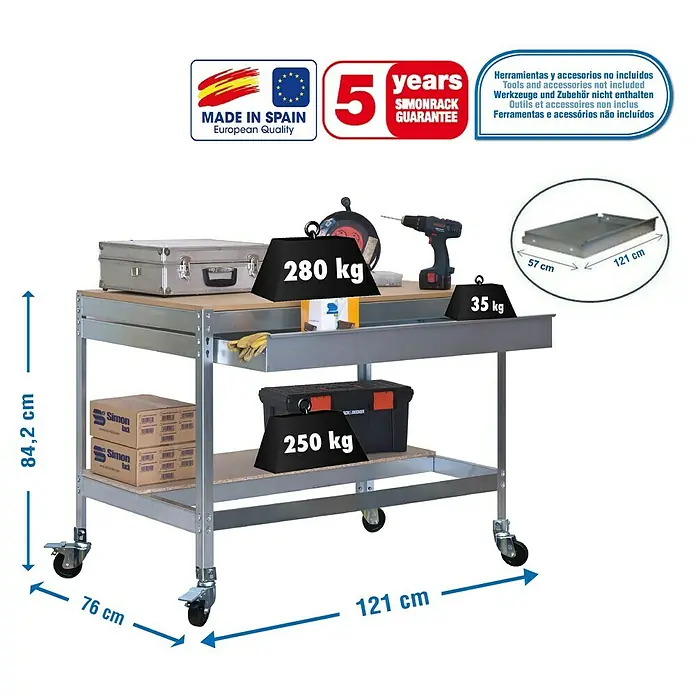Simonrack Simonwork Banco de trabajo BT0 Box Mobile - L x An: 76 x 121 cm, Altura de trabajo: 91,7 cm, Carga soportada: 120 kg, Galvanizado - Imagen de un banco de trabajo móvil Simonrack con herramientas y accesorios, que puede soportar una carga de hasta 280 kg.