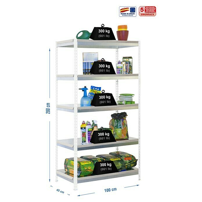 Simonrack Bricoforte Estantería para cargas pesadas Metal (Al x An x Pr: 200 x 100 x 45 cm, Número de baldas: 5 ud., Inserción, Blanco/Galvanizado, Capacidad de carga por balda: 300 kg) | BAUHAUS