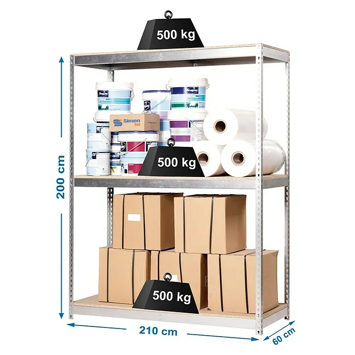 Simonrack Simonforte Schwerlastregal Simonforte Chipboard - H x B x T: 200 x 210 x 60 cm, Traglast pro Boden: 600 kg, Anzahl Böden: 3 Stk., Stecken, Silber - Ansicht eines Regals mit Farbbehältern, Rollen und Kartons, wobei jede Ebene mit einem Gewicht von 500 kg belastet ist.